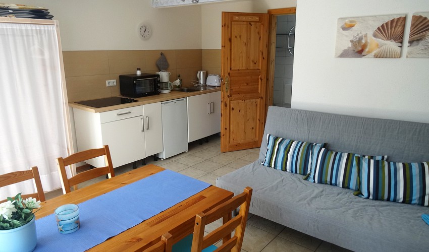 Wohnraum mit Couch, Essbereich und offener Küche